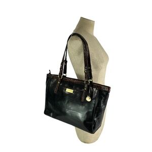 Genuine BRAHMIN Black Leather Double Handle Zipper Closure Tote Shoulder Bag